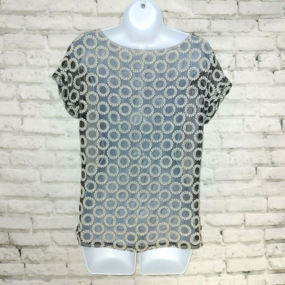 Gianni Bini Top Womens Medium Ivory Sheer Back Blouse Colorblock Short Sleeve - Picture 3 of 6